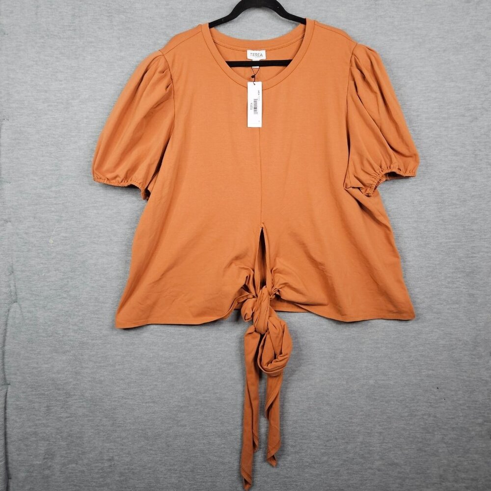 TEREA BY ANDREA PITTER Women's Orange Puffy Sleeve Tie front Top Sz 4X NEW